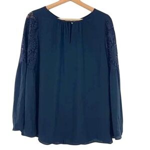 Chelsea28 Bell Sleeve Blouse Navy Blue Lace Detail Top Size Small‎ Feminine Boho